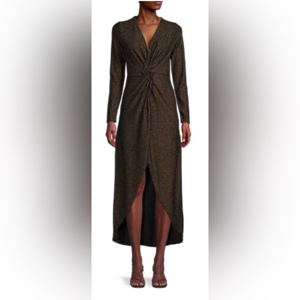Betsey Johnson Black Gold Metallic Twist Front High Low Midi Dress L Evening